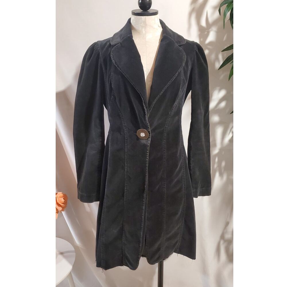 Vtg Y2K Bisou Bisou Fine Wale Corduroy Raw Hem Long Trench Jacket L Black Goth